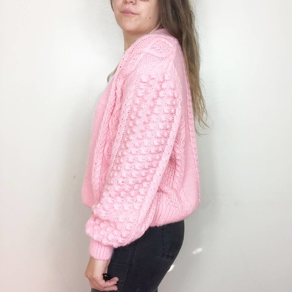 H&M | Women's Medium Coral Pink Chunky Knit Wool Cardigan Sweater Bobble Pompom - Picture 6 of 8